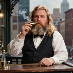 norman rockwell portrait of a bartender, hefty, nordic man with long blonde hair and a (shaggy) beard smoking a joint on a balcony in New York City, Norwegian Man