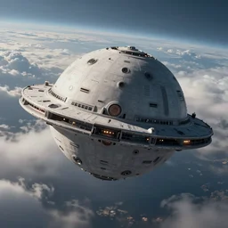 wide shot of a ball shaped sci fi ship entering the atmosphere of a planet, the atmosphere is clouds, the space ship is round, sharp focus, concept art, very detailed, very realistic, trending on artstation, in the style of star wars, beautiful, sci fi, cinematic shot, great composition, dynamic light, atmosphere, wojtek kapusta, jonathan ching, edgaras cernikas, scott robertson,