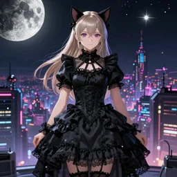 beautiful ultra realistic full body digital art of aigis from persona 3 with cat ears standing in a black gothic frilly dress, beautiful drawn by artist jude smith. backdrop showing spectacular view of lunar cyberpunk city by greg rutkowski high quality render in unreal engine 5, artstation