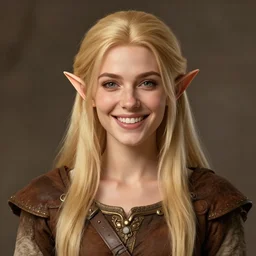 portrait, 3 0 years old women, short neck : : fantasy : : long straight blonde hair, beeing happy, smiling, pointy ears : : attractive, symmetric face : : brown medieval cloting, natural materials : : high detail, digital art, rpg, concept art, illustration