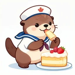 cute otter sailor eat cake, graphic art, rgba, 8 k hd resolution, pinterest, dynamic character, concept art, 8 k ultra realistic, intricate details, ultra detailed, reduce character duplication, in style of hayao miyazaki