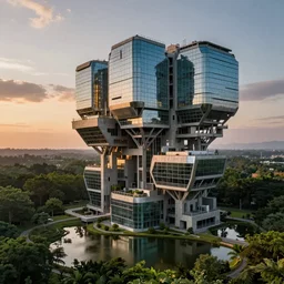 brutalist architecture, a stunningly detailed building surrounded by lush green forest, ponds of water, stunning volumetric lighting, sunset, metal, concrete, glass, stunning skies, trending on Artstation, 8k, photorealistic, hyper detailed, unreal engine 5, Rhinoceros 3D, IMAX quality, cinematic, epic lighting, in the style of Greg Rutkowski