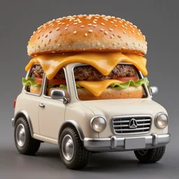 a cheeseburger car automobile with burger wheels and melted cheese over the windshield, highly detailed stage photography of food