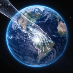 transparent glowing hand made of stars reaches towards planet earth, high detail, space, artstation, backlit