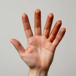 a human hand but all the fingers are sausages