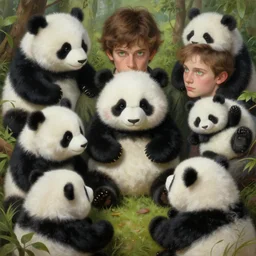 a magical land where stuffed toy pandas abuse and torment young caucasian men with brown hair and green eyes, hyperrealism, highly detailed, intricate, trending on artstation, painting by ross tran, greg rutkowski, alphonse mucha, artgerm, wlop