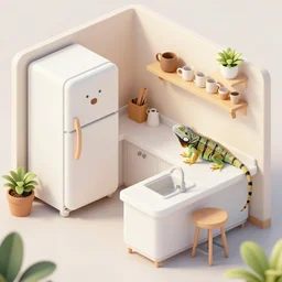 cute coffee shop, refrigerator, sink, isometric art, white furniture, iguana pet, bright, artstation, highly detailed, cinematic lighting + masterpiece