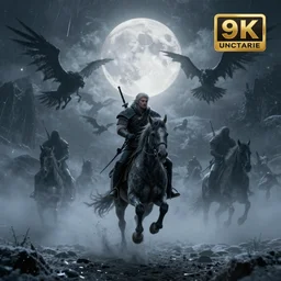 the wild hunt, spectres, riding in the sky, blizzard storm, fog, full moon, bad omen, in the style of the witcher series, hyperrealism, breathtaking, award winning, groundbreaking, octane render, unreal 5, intricate digital art, 8 k hi - res