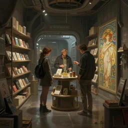 ! dream inside a dimly lit futuristic toystore. highly detailed, digital painting, artstation, concept art, matte, sharp focus, illustration, art by artgerm and greg rutkowski and alphonse mucha
