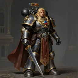 Fulgrim a Warhammer 40k paladin, glorious LONG BLOND hair, by Ivan Aivakovsky, by Boris Vallejo, epic fantasy character art, D&D Concept Art, full length, Realistic, Regal, Refined, Detailed Digital Art, Oil Paining, Exquisite detail, post-processing, masterpiece, Cinematic Lighting, Unreal Engine, 8k, HD