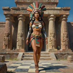 beautiful aztec inca woman pacing to temple by eddie mendoza hyperrealism expressive eyes cyborgess checkmates symmetrical very very detailed giger beksinski