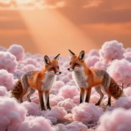 foxes in a field made of cotton candy, orange sky