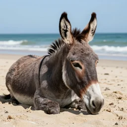 realistic photo of a donkey sunbathing at the beach, 8k resolution