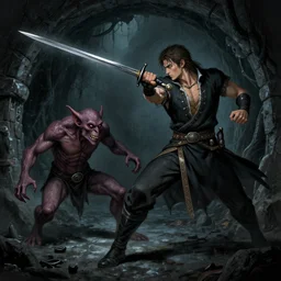 A drawing of man with a rapier fighting a goblin in a damp sewer. Dark Fantasy. DeviantArt.