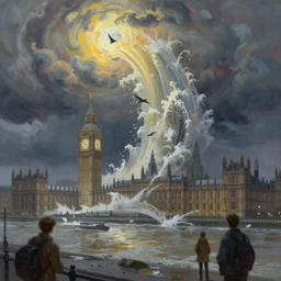 tusnami hitting london, extremely detailed digital painting, in the style of fenghua zhong and ruan jia and jeremy lipking and peter mohrbacher, mystical colors, rim light, beautiful lighting, 8 k, stunning scene, raytracing, octane, trending on artstation
