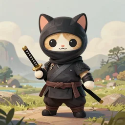 anthropomorphic cat ninja, ninja outfit, holding a katana, standing in a beautiful landscape, cute and adorable, dnd character art portrait, matte fantasy painting, deviantart artstation, by jason felix by steve argyle by tyler jacobson by peter mohrbacher, cinematic lighting