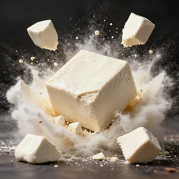 tofu being destroyed in pieces, explosion, slowmo