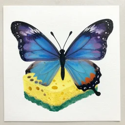 a butterfly, sponge - applied matte opaque paint on paper