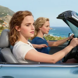 highly detailed painting emma watson and jennifer lawrence driving a cabrio along a costal scenic route, gta 5 cover art style, 8 k, radiant light, detailed and intricate environment, trending on artstation