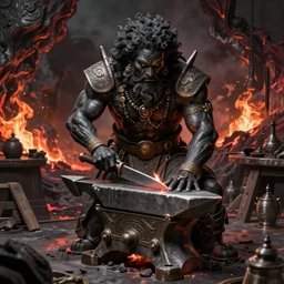 ancient blacksmith god, volcanic workshop background, highly detailed, digital painting, artstation, concept art, sharp focus, illustration, art by aleksi briclot and greg rutkowski and raphael lacoste and magali villeneuve