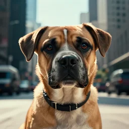 8 k hyper realistic close range shot of blade runner 2 0 4 7 with a puppy urban landscape in the background with strong sun. lenses 5 0 mm