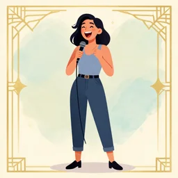 illustration with a woman laughing out loud with open mouth, standup, comedy, joke, funny meme photo, trending on behance, art deco, digital illustration, storybook illustration, grainy texture, flat shading, vector art, airbrush, pastel, watercolor, poster