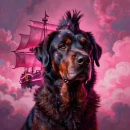 hyperdetailed illustration, portrait big dark dog, mohawk, stars, pink, neon, oil painting, rich deep colors masterpiece, pirate neon ship, ultra detailed, contrast, heaven pink, clouds, volumetric light, atmospheric lighting, dramatic, cinematic, moody, octane render 4 k, 8 k