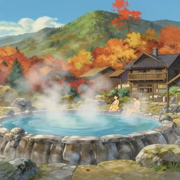 holiday resort, hot springs pool in the mountains, relaxing, autumn, trees, steam clouds, anime art, studio ghibli
