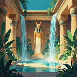 ancient egyptian interior with plants and waterfalls, epic retrowave art, trending on art station