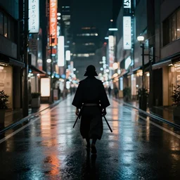 Photo of a rainy night in a street in Tokyo, a silhoutte of a samurai with a cape is walking in the middle of the street, long shot, 4k, featured on ArtStation