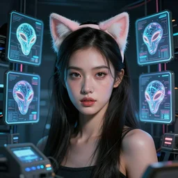 beauty woman, wearing cats ears headband, in holograms of alien artifacts, electrical case display, total recall tech, , ultrarealistic, dramatic lighting, electrical details, high details, 4k, 8k, best, accurate, trending on artstation, artstation, photorealism, ultrarealistic, digital painting, style of Tristan Eaton Stanley Artgerm and Tom Bagshaw, Caravaggio,