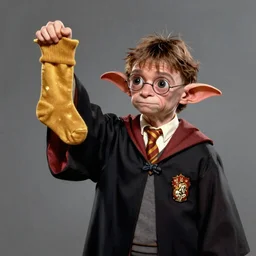 Dobby from Harry Potter movie holding a golden sock up in the air, digital painting