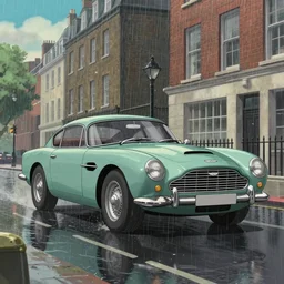 a wholesome animation key shot of!! one!! focused!! aston martin db 5!!, in a wet london street, raining, wide shot, studio ghibli, pixar and disney animation, sharp, very detailed, high resolution, rendered in unreal engine 5, anime key art by greg rutkowski, bloom, atmospheric lighting