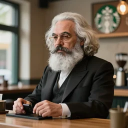 Karl Marx working as a Starbucks Barista, hyperrealistic, concept art, octane render, unreal engine 5, trending on DeviantArt, highly detailed, high quality, 8K, soft lighting, cute, natural lighting, realistic face, trending on Artstation, elegant clothes, profile picture, path traced, house background