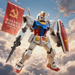 socialist gundam flying in the sky, socialist poster, highly detailed, trending artstation, cinematic lighting,, epic, octane render,