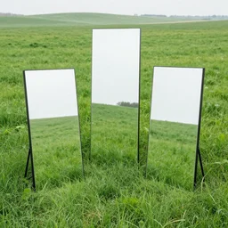 mirrors in an open lush green field