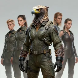 epic professional digital art of a human - eagle hybrid animal wearing human flight jumpsuit, air force jumpsuit, humanoid feathered head, eagle beak, by lisa roet, sam leach, leesha hannigan, iris van herpen, artstation, cgsocietywlop, epic, much wow, much detail