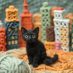 black cat in a city made of yarn