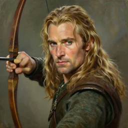 portrait of steve buscemi as legolas, action shot, elven archer, by alan lee, lord of the rings, smooth, detailed terrain, oil painting, matte painting, concept art, trending on artstation, promotional artwork, film still, elegant, photorealistic facial features, intricate, detailed face, cinematic lighting