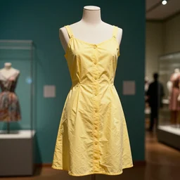 the film still photographed image is a vintage leisure wear ensemble from the 1 9 5 0 s. the slip is inspired by yellow. it is displayed on a mannequin in a museum exhibit. vibrant cinematography, anamorphic lenses, upscale, hyper realistic photo, crisp, detailed image in 8 k resolution.