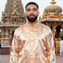 drake the rapper wearing a silk kurta, hindu kovil scene