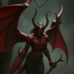demonic angel hunter, dark red scaly skin, horns