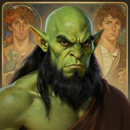 character portrait, green skin, medium pointy ears, angry handsome d & d orc ; monk ; with black hair and black beard, alphonse mucha, rhads, ross tran, dungeons and dragons character art commission, artstation, artgerm, octane render, 1 6 k