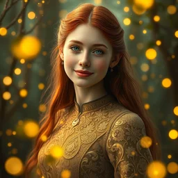 young woman, serene smile, surrounded by golden firefly lights, amidst nature fully covered by a intricate detailed dress, long red hair, precise linework, accurate green eyes, small nose with freckles, smooth oval shape face, empathic, expressive emotions, dramatic lights spiritual scene, hyper realistic ultrafine art by artemisia gentileschi, jessica rossier, boris vallejo