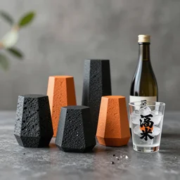 a range of organic geodesic drink containers next to an ice glass of sake, kanji decals, black and orange colour palette, octane render, bokeh, depth of field, product shot