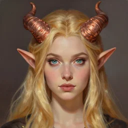 A head-on detailed oil portrait of a pretty elf woman with small cuflhcopper horns, long blonde hair and bright irises, by greg rutkowski, trending on artstation, dungeon and dragons art