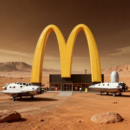 hyperrealistic photo of a mcdonald's on mars, with spaceships parked out front, award winning photography portra 4 0 0 kodak