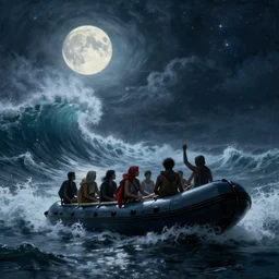 illegal immigrant group in inflatable boat sea big storm, moon, lovecraft style, light, huge waves, starry night, by rembrandt and greg rutkowski, painting, volumetric light, uplight, global illumination, intricate, detailed, atmospheric lighting, illegal immigration, boat people