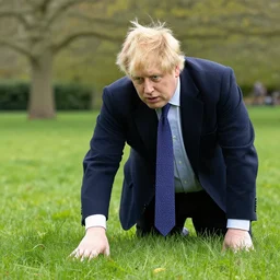 photo still of boris johnson touching grass, 8 k, sunny day in a park
