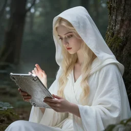 the goddess of memory casting a spell on a silver tablet in a forest, white hood, white robes, blonde, fantasy, magical, realistic and detailed, spiritual, supernatural, intricate, elegant, highly detailed, digital painting, trending on artstation, by wlop, 4 k octane render
